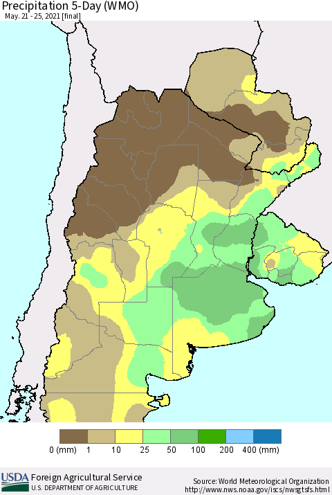 Southern South America Precipitation 5-Day (WMO) Thematic Map For 5/21/2021 - 5/25/2021