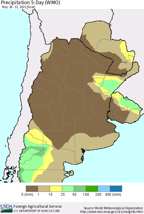 Southern South America Precipitation 5-Day (WMO) Thematic Map For 5/26/2021 - 5/31/2021