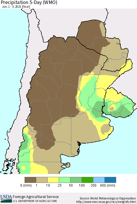 Southern South America Precipitation 5-Day (WMO) Thematic Map For 6/1/2021 - 6/5/2021