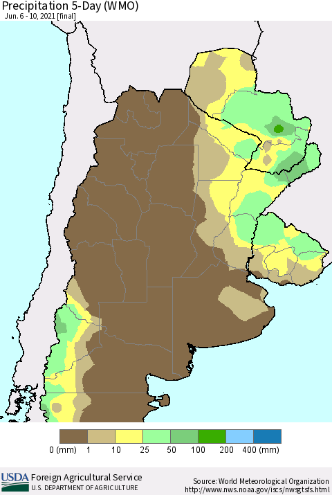 Southern South America Precipitation 5-Day (WMO) Thematic Map For 6/6/2021 - 6/10/2021