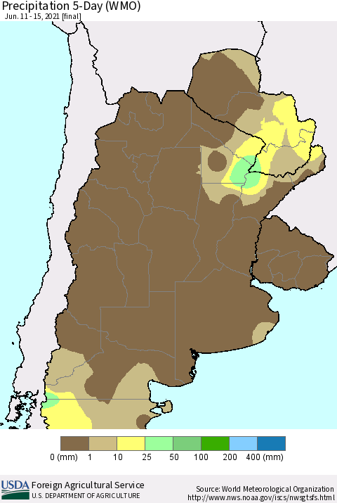 Southern South America Precipitation 5-Day (WMO) Thematic Map For 6/11/2021 - 6/15/2021