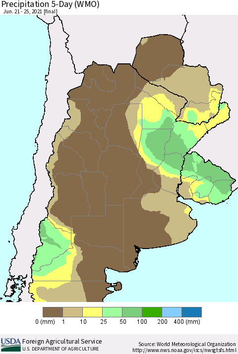 Southern South America Precipitation 5-Day (WMO) Thematic Map For 6/21/2021 - 6/25/2021