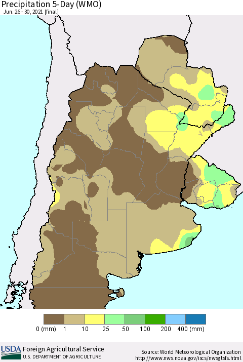 Southern South America Precipitation 5-Day (WMO) Thematic Map For 6/26/2021 - 6/30/2021