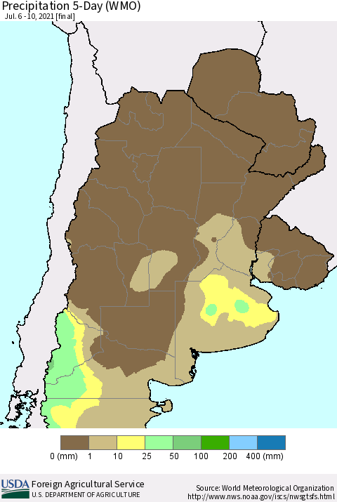 Southern South America Precipitation 5-Day (WMO) Thematic Map For 7/6/2021 - 7/10/2021