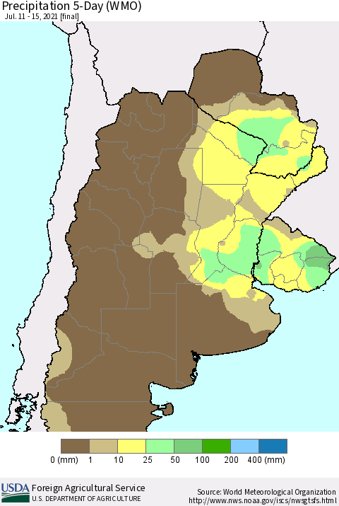 Southern South America Precipitation 5-Day (WMO) Thematic Map For 7/11/2021 - 7/15/2021