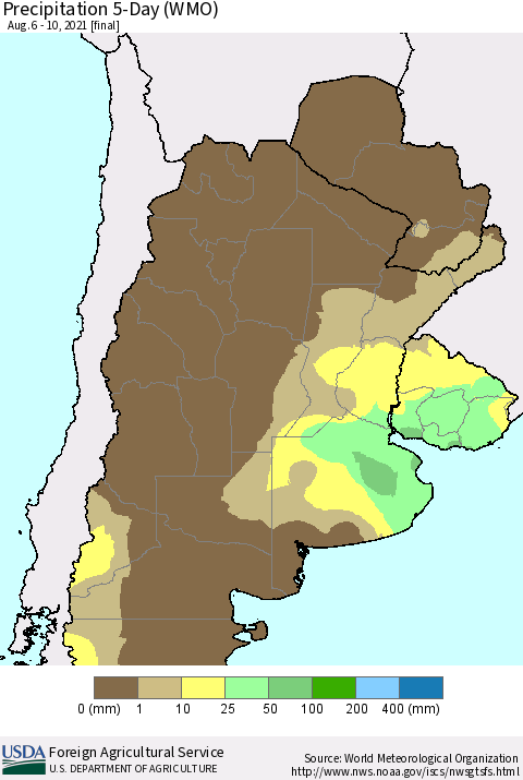 Southern South America Precipitation 5-Day (WMO) Thematic Map For 8/6/2021 - 8/10/2021
