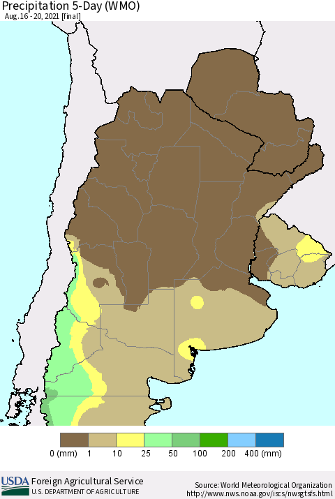 Southern South America Precipitation 5-Day (WMO) Thematic Map For 8/16/2021 - 8/20/2021