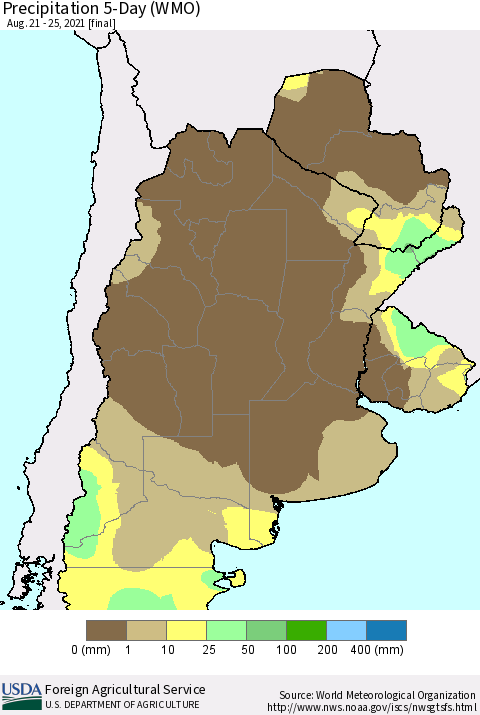 Southern South America Precipitation 5-Day (WMO) Thematic Map For 8/21/2021 - 8/25/2021