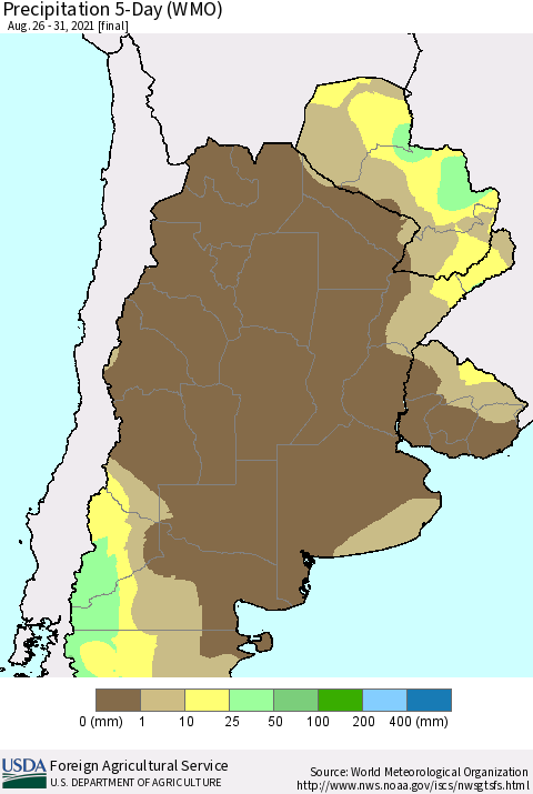 Southern South America Precipitation 5-Day (WMO) Thematic Map For 8/26/2021 - 8/31/2021