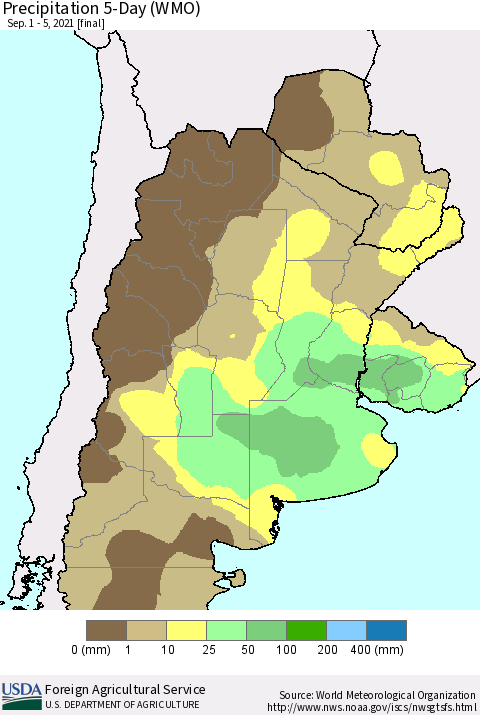 Southern South America Precipitation 5-Day (WMO) Thematic Map For 9/1/2021 - 9/5/2021