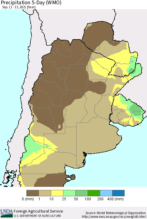 Southern South America Precipitation 5-Day (WMO) Thematic Map For 9/11/2021 - 9/15/2021