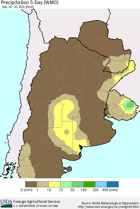 Southern South America Precipitation 5-Day (WMO) Thematic Map For 9/16/2021 - 9/20/2021
