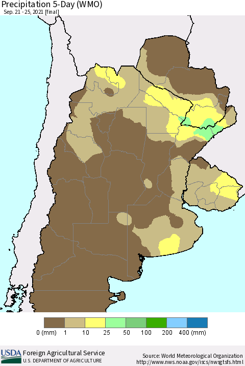 Southern South America Precipitation 5-Day (WMO) Thematic Map For 9/21/2021 - 9/25/2021