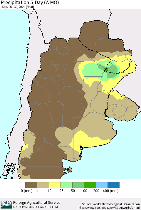Southern South America Precipitation 5-Day (WMO) Thematic Map For 9/26/2021 - 9/30/2021