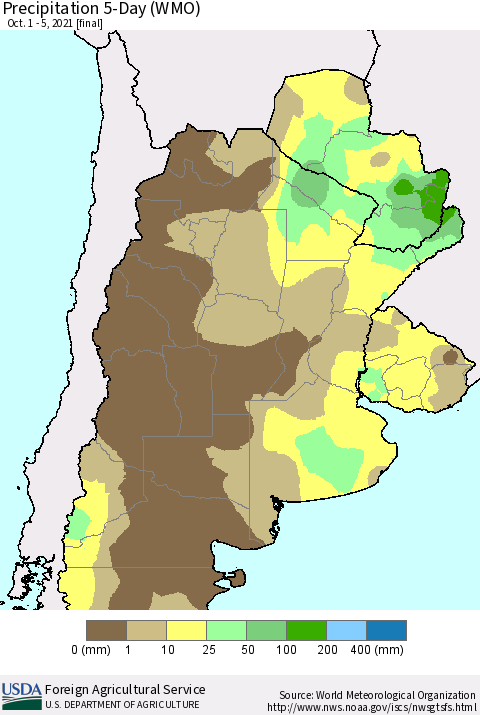 Southern South America Precipitation 5-Day (WMO) Thematic Map For 10/1/2021 - 10/5/2021