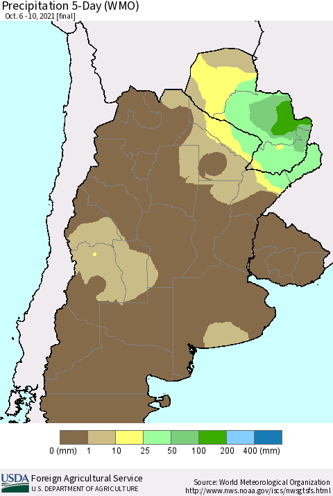 Southern South America Precipitation 5-Day (WMO) Thematic Map For 10/6/2021 - 10/10/2021