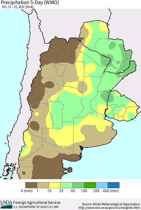 Southern South America Precipitation 5-Day (WMO) Thematic Map For 10/11/2021 - 10/15/2021