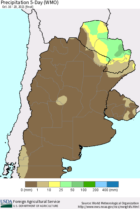 Southern South America Precipitation 5-Day (WMO) Thematic Map For 10/16/2021 - 10/20/2021