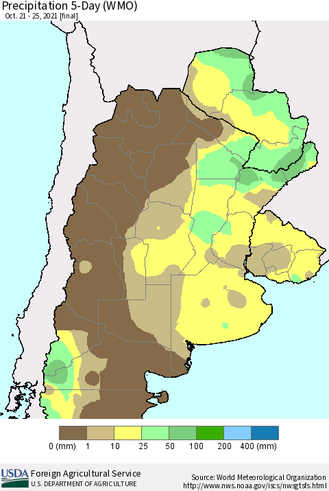 Southern South America Precipitation 5-Day (WMO) Thematic Map For 10/21/2021 - 10/25/2021