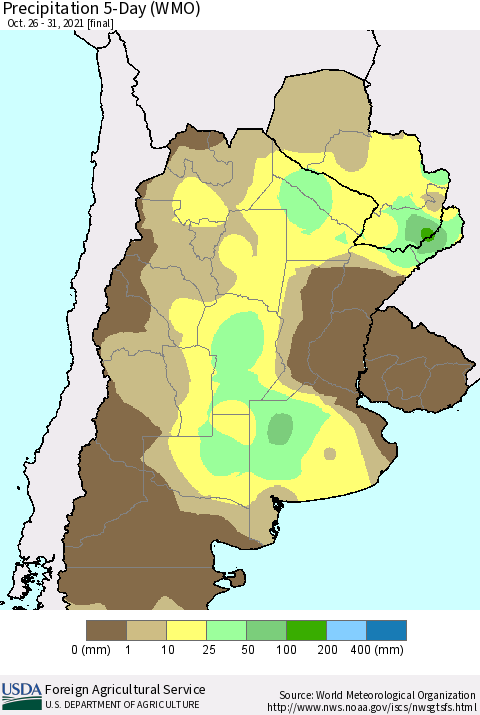 Southern South America Precipitation 5-Day (WMO) Thematic Map For 10/26/2021 - 10/31/2021