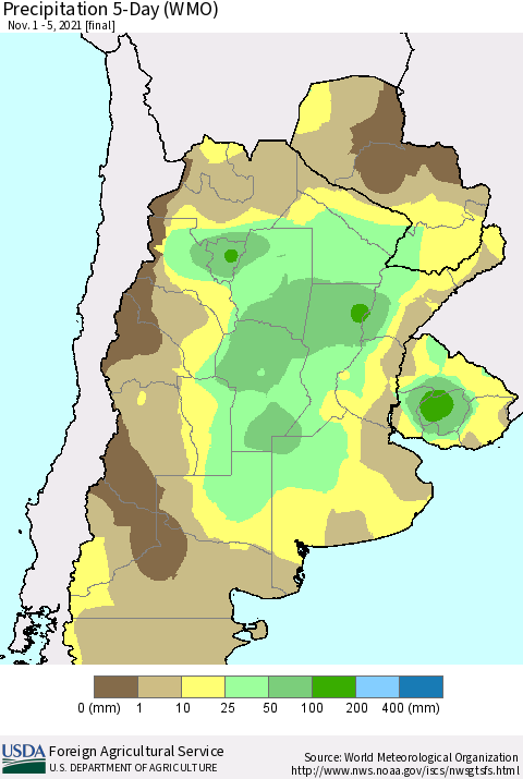 Southern South America Precipitation 5-Day (WMO) Thematic Map For 11/1/2021 - 11/5/2021