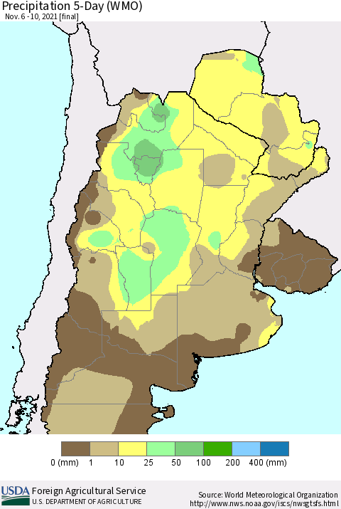 Southern South America Precipitation 5-Day (WMO) Thematic Map For 11/6/2021 - 11/10/2021