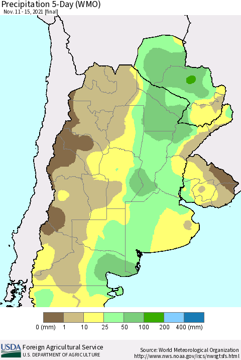 Southern South America Precipitation 5-Day (WMO) Thematic Map For 11/11/2021 - 11/15/2021