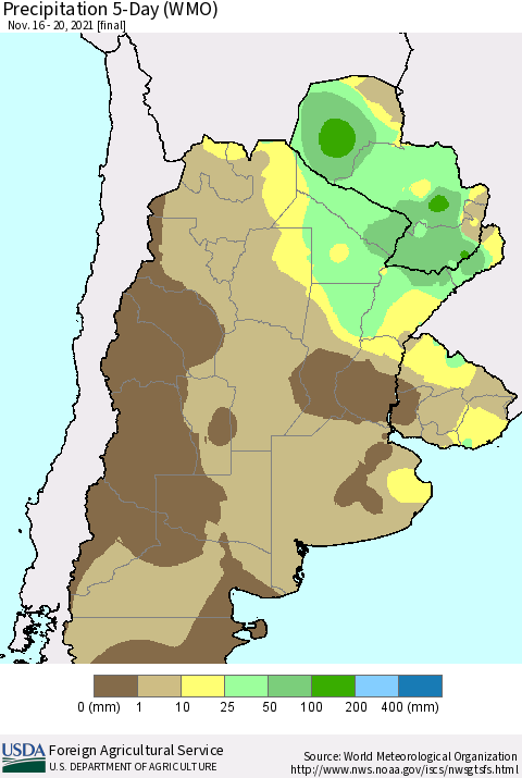Southern South America Precipitation 5-Day (WMO) Thematic Map For 11/16/2021 - 11/20/2021