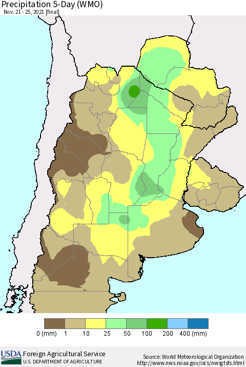 Southern South America Precipitation 5-Day (WMO) Thematic Map For 11/21/2021 - 11/25/2021