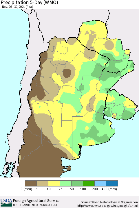 Southern South America Precipitation 5-Day (WMO) Thematic Map For 11/26/2021 - 11/30/2021
