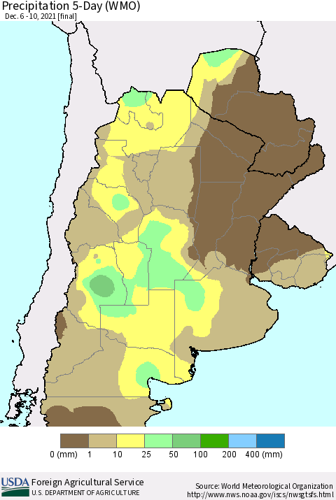Southern South America Precipitation 5-Day (WMO) Thematic Map For 12/6/2021 - 12/10/2021