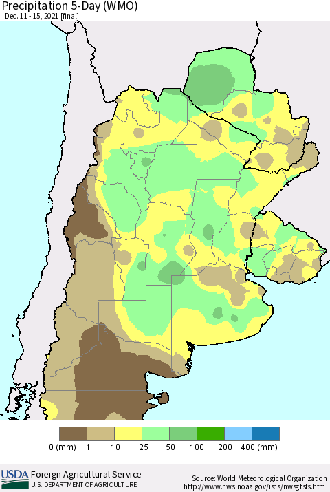 Southern South America Precipitation 5-Day (WMO) Thematic Map For 12/11/2021 - 12/15/2021