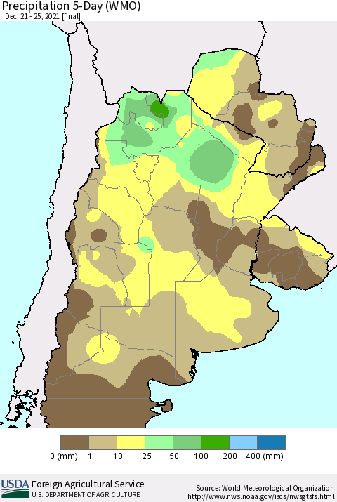 Southern South America Precipitation 5-Day (WMO) Thematic Map For 12/21/2021 - 12/25/2021