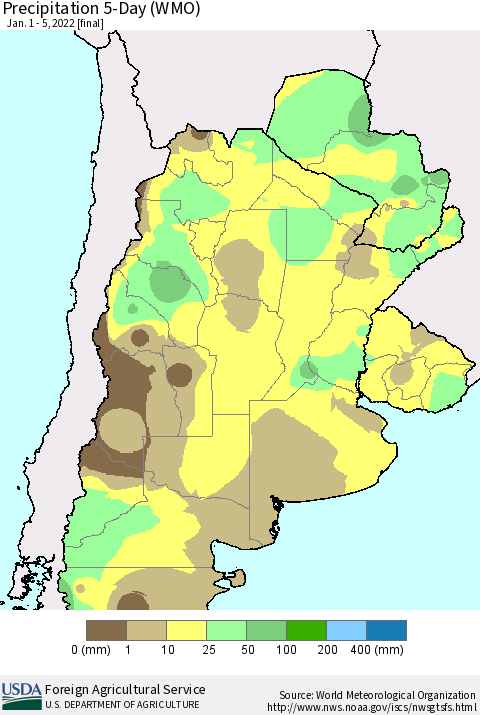 Southern South America Precipitation 5-Day (WMO) Thematic Map For 1/1/2022 - 1/5/2022