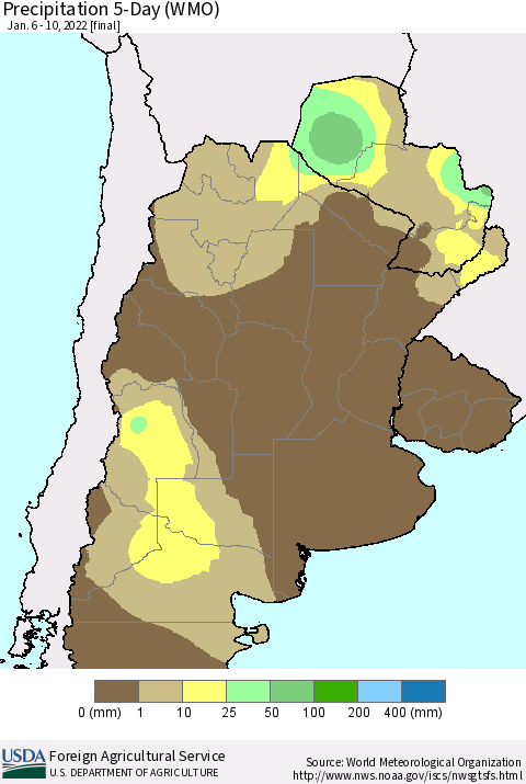 Southern South America Precipitation 5-Day (WMO) Thematic Map For 1/6/2022 - 1/10/2022
