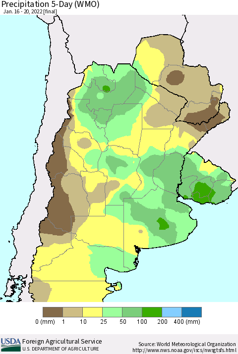 Southern South America Precipitation 5-Day (WMO) Thematic Map For 1/16/2022 - 1/20/2022