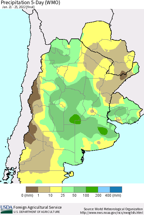 Southern South America Precipitation 5-Day (WMO) Thematic Map For 1/21/2022 - 1/25/2022