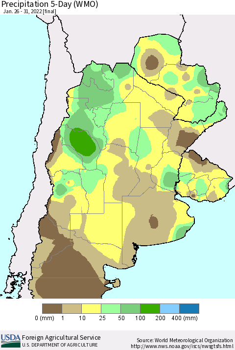 Southern South America Precipitation 5-Day (WMO) Thematic Map For 1/26/2022 - 1/31/2022