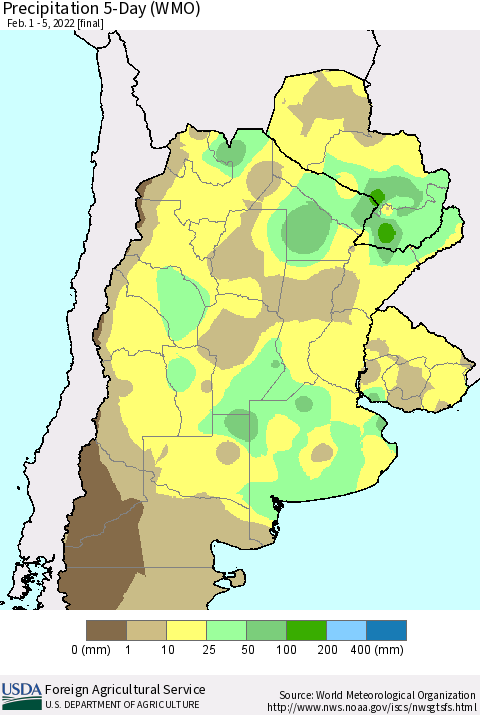 Southern South America Precipitation 5-Day (WMO) Thematic Map For 2/1/2022 - 2/5/2022