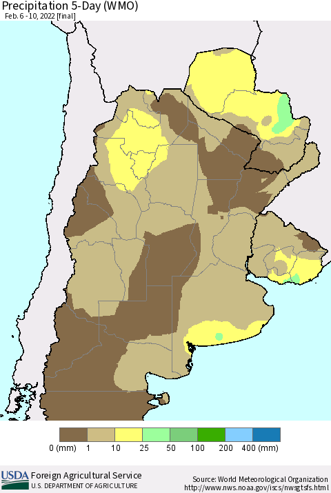 Southern South America Precipitation 5-Day (WMO) Thematic Map For 2/6/2022 - 2/10/2022