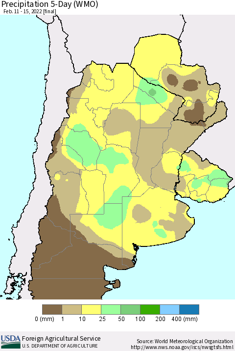 Southern South America Precipitation 5-Day (WMO) Thematic Map For 2/11/2022 - 2/15/2022