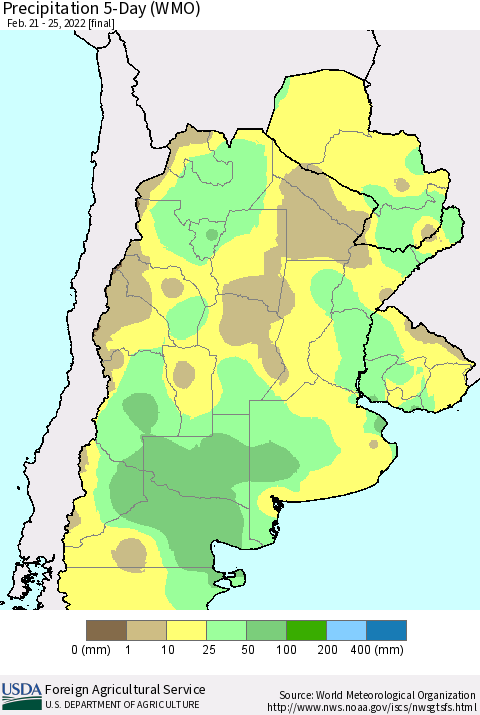 Southern South America Precipitation 5-Day (WMO) Thematic Map For 2/21/2022 - 2/25/2022