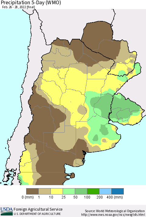 Southern South America Precipitation 5-Day (WMO) Thematic Map For 2/26/2022 - 2/28/2022