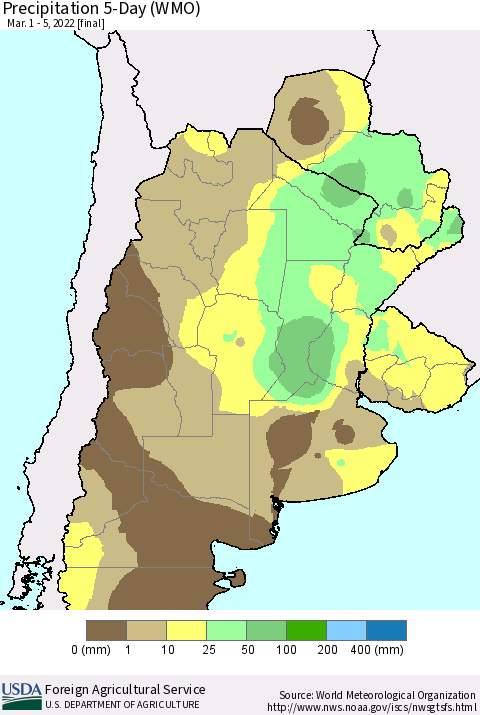 Southern South America Precipitation 5-Day (WMO) Thematic Map For 3/1/2022 - 3/5/2022