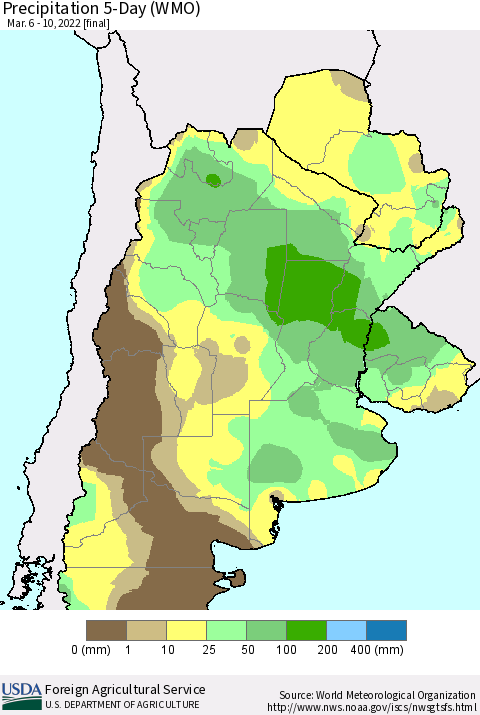 Southern South America Precipitation 5-Day (WMO) Thematic Map For 3/6/2022 - 3/10/2022