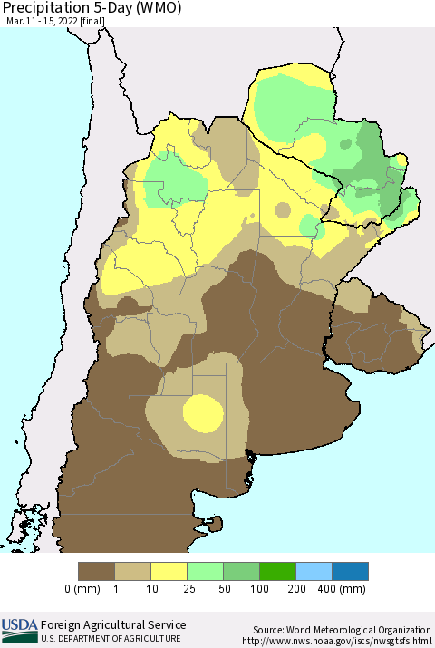 Southern South America Precipitation 5-Day (WMO) Thematic Map For 3/11/2022 - 3/15/2022