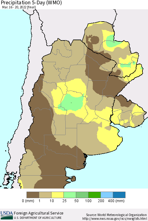 Southern South America Precipitation 5-Day (WMO) Thematic Map For 3/16/2022 - 3/20/2022