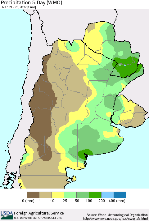 Southern South America Precipitation 5-Day (WMO) Thematic Map For 3/21/2022 - 3/25/2022