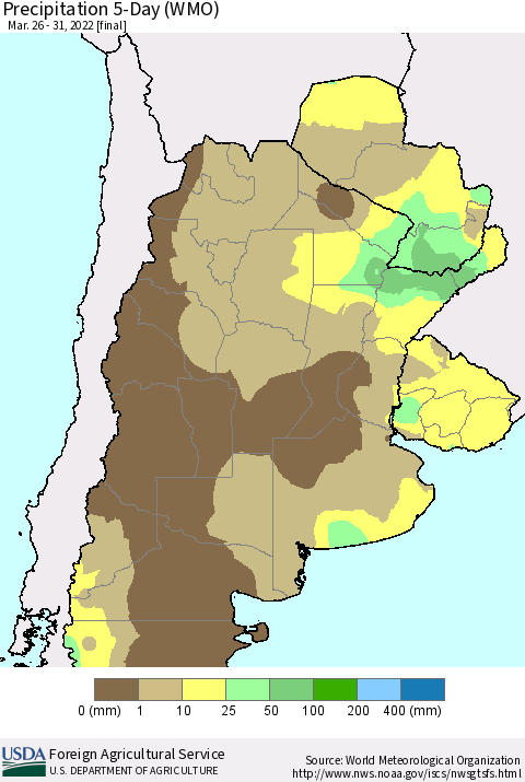 Southern South America Precipitation 5-Day (WMO) Thematic Map For 3/26/2022 - 3/31/2022
