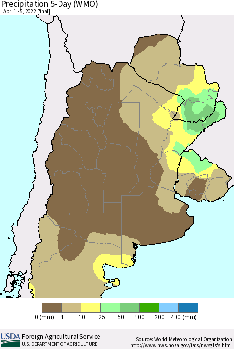 Southern South America Precipitation 5-Day (WMO) Thematic Map For 4/1/2022 - 4/5/2022